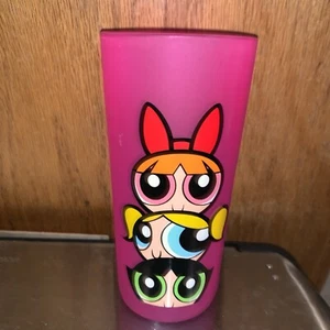 VTG POWERPUFF GIRLS TUMBLER PINK FROSTED GLASS CARTOON NETWORK 2001 - Picture 1 of 7