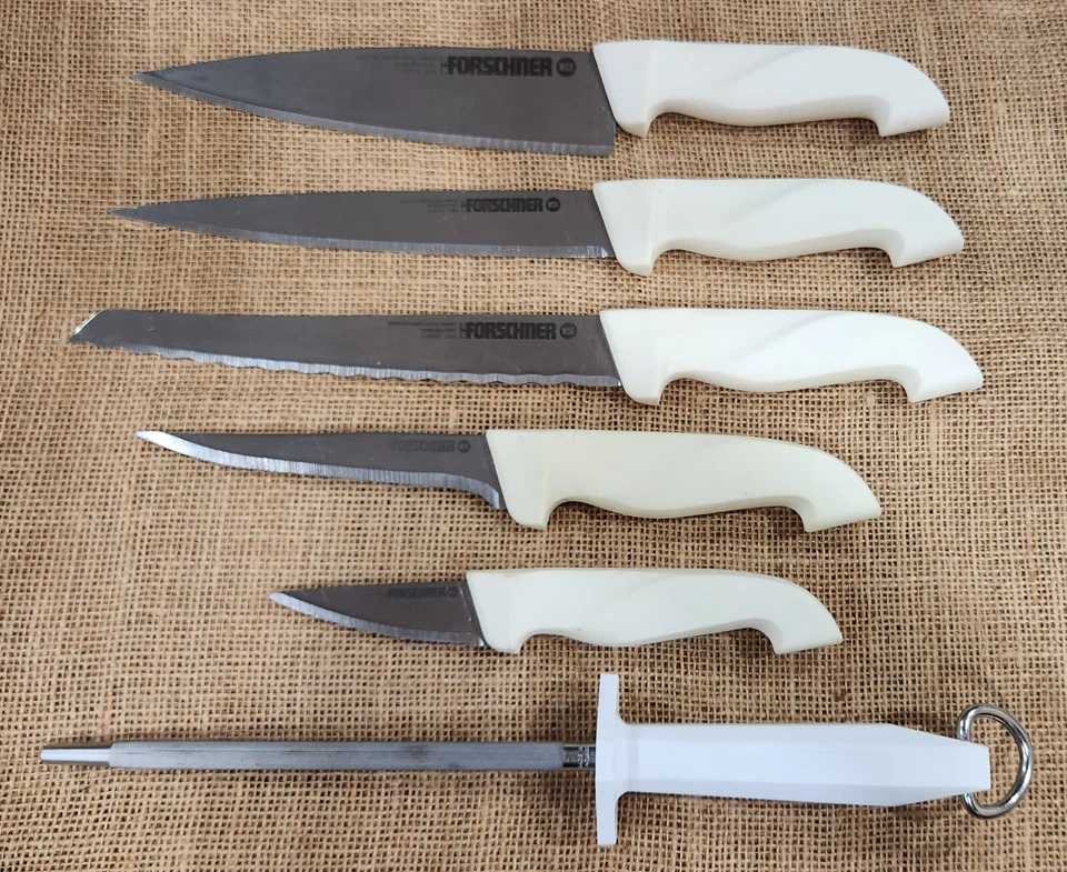 Conjunto de facas de cozinha vintage Researcher alças brancas feitas na França - Imagem 1 de 4