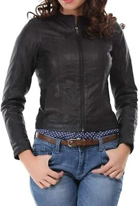 New Women Zipper Jacket Black Lambskin Leather Round Neck Designer Casual Party - Picture 1 of 4