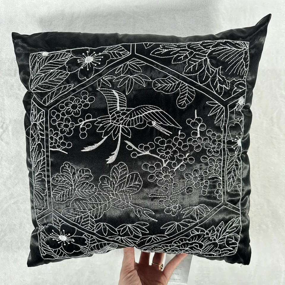 Natori Pillow Black Embroidered Crane Satin Square 15 x 15 Romantic Gothic - Image 1 of 4