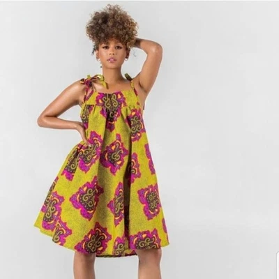 Vestido estampado africano trapecio Grass-Fields con bolsillos para mujer talla UK10 (US8) Foto 1 de 4