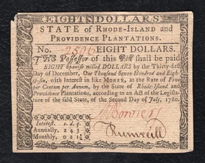 JULY 2, 1780 $8 EIGHT DOLLARS RHODE-ISLAND COLONIAL CURRENCY NOTE (B) - Picture 1 of 2