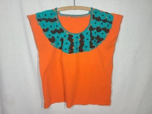 Vtg Peasant Shirt M Orange Cotton Embroidered Floral Summer Retro South American - Picture 1 of 8