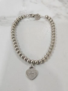 Tiffany & Co. Sterling Silver Mini Heart "Mom" Beaded Bracelet 6.25" - Picture 1 of 5