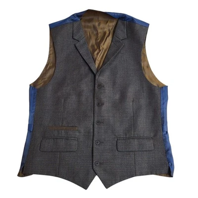 Vintage Wool Blend Waistcoat Formal Brown Blue Fine Check Collared Men's M 40" - Image 1 of 3