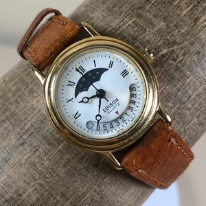 Edison Women Dress Moon Phase Brown Leather Band Quartz Analog 25mm Watch 6" - Picture 1 of 13