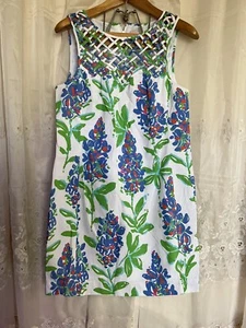 Lilly Pulitzer Womens Ricci Shift Dress Lattice Front Design Blue Bonnets 10 - Picture 1 of 13