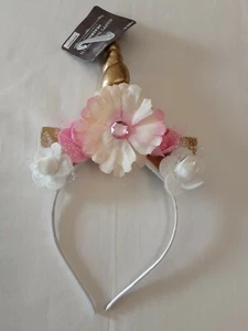 Girls Unicorn Headband W/Gold Horn & Pink Flowers BNWT! - Picture 1 of 3