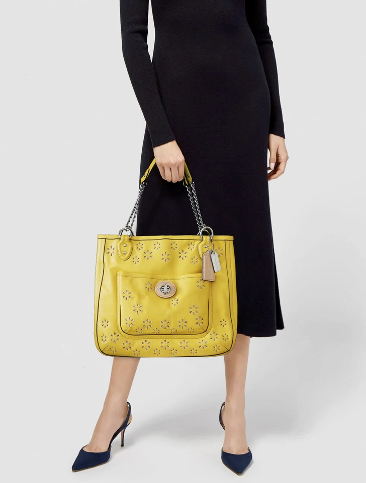 Coach Poppy 22438 Eyelet Detailed Leather Medium Chain Tote Marigold Yellow