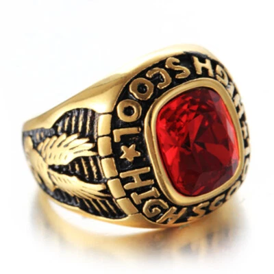 Anillo de escuela secundaria chapado en oro rojo circonita cúbica acero inoxidable anillos de joyería de águila vintage Foto 1 de 4
