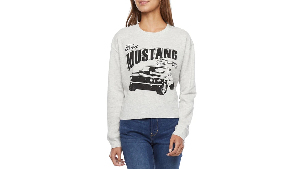 NWT $29 HYBRID Womens Sz LARGE MUSTANG  Long Sleeve Thermal Shirt Print GrayTop - Image 1 of 1