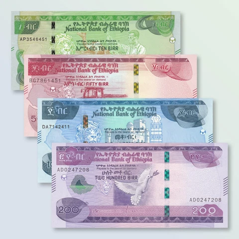 Ethiopia Set 4 pcs: 10, 50, 100, 200 Birr (B335-B338; PNew)  |  UNC Cover