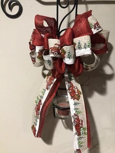 ** ON SALE** Christmas Wreath Bow Approx 8”-9” Solid Red & Red Truck Wire Ribbon - Picture 1 of 4