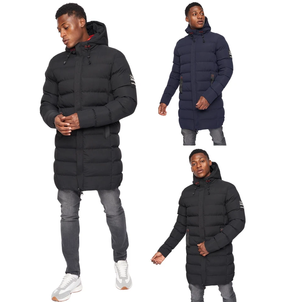 Mens Crosshatch Longline Parka Coat Puffer Padded Hooded Winter Cheap Top Jacket - Image 1 of 1