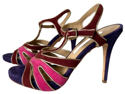 DVF Retro Gamuza T-Strap Sandalia Delgada Tacón Alto Borde Dorado Multi Púrpura 7.5 Usada en Excelente Condición Foto 1 de 4