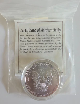 American Silver Eagle 2008 1 oz. Moneda de un dólar de plata fina de $1 con certificado de autenticidad Foto 1 de 2