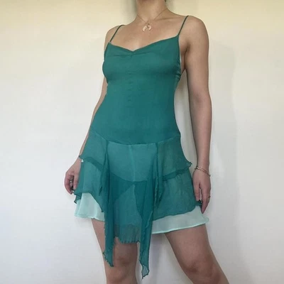 Vintage 00s Kookai green pure silk chiffon backless ruffle mini fairy slip dress - Image 1 of 4