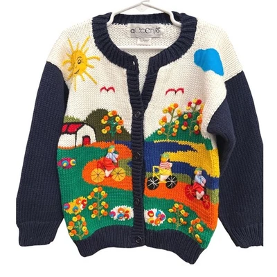 Cárdigan vintage Accento hecho a mano Perú niños apliques 3D escena algodón suéter Foto 1 de 4
