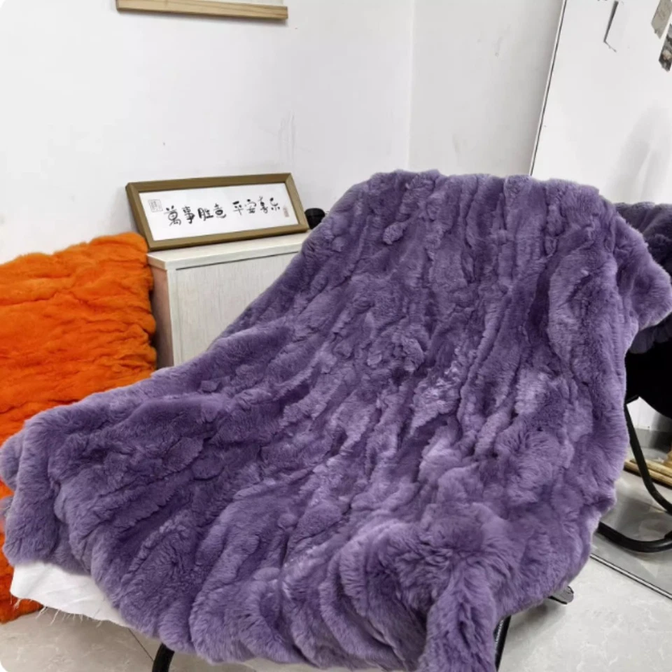 Luxury Soft Real Rex Rabbit Fur Throw Blanket Warm Sofa Bedspread Queen 79x55'' - Image 1 of 4