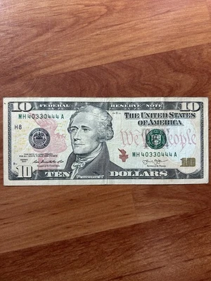 UNITED STATES 2013: $10 Dollars Federal Reserve Note - Fancy SN. MH 40330444 A - Image 1 of 2