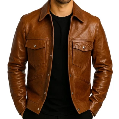 Mens Cafe Racer Biker Real Leather Jacket Vintage Style Lambskin Outerwear Coat - Image 1 of 4