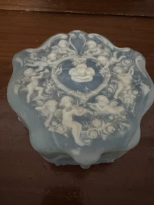 Vintage Genuine Incolay Stone Blue Cherub Jewelry Box 1973 Octogon Shape - Picture 1 of 5