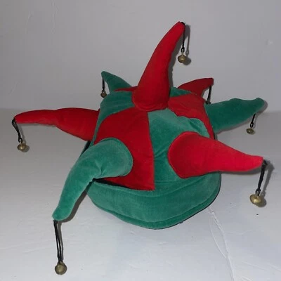 Шут шляпа с колокольчиками, плюшевый. Красный и зеленый. - Изображение 1 из 4