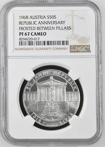 1968 Austria Silver 50 Shilling Coin Frosted Between Pillars - NGC PF 67 Cameo - Picture 1 of 2