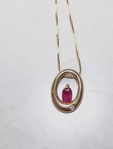 14k massiver Gelbgold Rubin & Diamant Plättchen Anhänger Halskette 14k Kette, 18" - Bild 1 von 11
