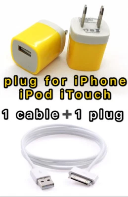 USB Charger Cable +Color Wall Plug Charger for For iPhone 4 4G 4S 3GS iPod Nano - Image 1 of 4