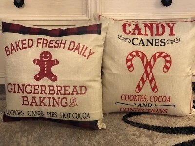 Christmas Throw Pillow Covers Candy Cane Gingerbread Baking Farmhouse 2 New NIP - Image 1 of 4