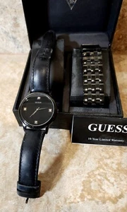 Guess | Circular Black & Silver Real Diamond Hour Jewel Bezel Men's Wrist Watch - Picture 1 of 10