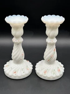 Set Of 2 Vintage Hand Painted Milk Glass Candle Stick Holders 8” - Picture 1 of 11