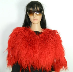 RED GENUINE MONGOLIAN LAMB SHEARED BEAVER FUR STOLE SCARF CAPE  - Picture 1 of 5