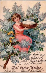 Vintage Greeting Postcard Victorian Girl in tree Easter w/ Nest Eggs 1907 - Picture 1 of 2