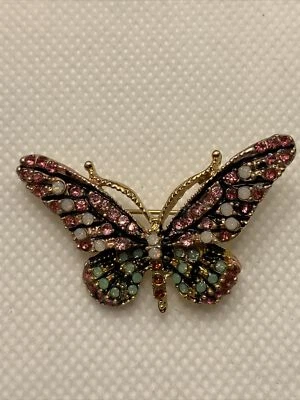 Multi Colored Pinks Crystal Butterfly Brooch Clothing Pin Gifts Gold Backed - Image 1 of 3