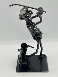 Steampunk Metal Art Figurine Golfer swinging club with bag nuts and bolts - Picture 1 of 9