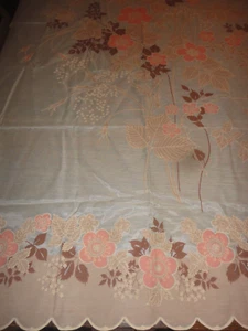 Vtg Fabric 1960's Semi Sheer Peach w/ Flocked Floral Panel Print 80" L X 72" W - Picture 1 of 6