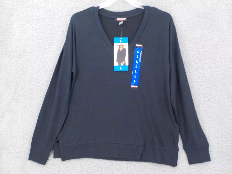 Kirkland Women's Navy Marled Blue Shirt Size Large L Tee V Neck Long Sleeve