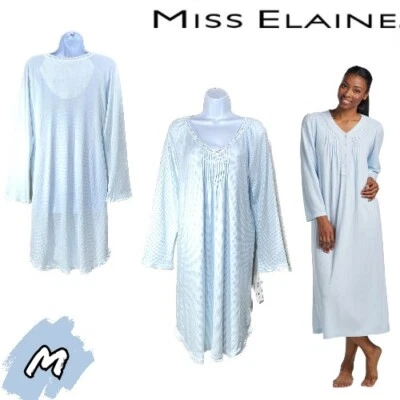 Nuevo con etiquetas - Camisón tejido Miss Elaine M manga larga cuello en V encaje azul 232800 $59 Foto 1 de 4