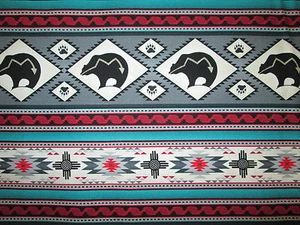 Navajo Native American Totem Bear Border Gray Teal Cotton Fabric FQ - Picture 1 of 7