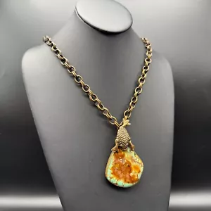 ๐ 1993 Stephen Dweck Bronze Fish Pendant Necklace | 32โ Chain 3โ Natural Stone - Picture 1 of 8