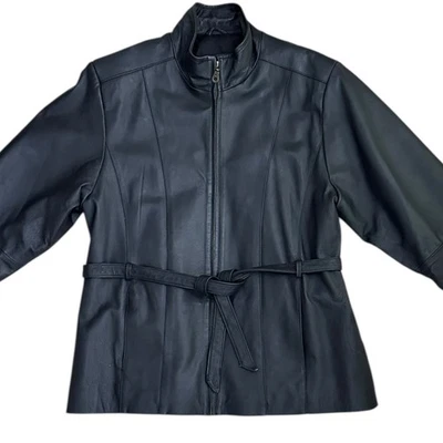 Chaqueta de Cuero Negra Vintage KC Collections Mujer XL Cinturón Cremallera Frontal Moto  Foto 1 de 4