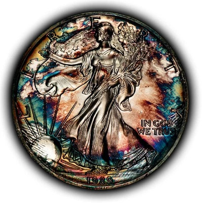 1989 1 oz Silver American Eagle - PQ Rainbow Pattern Toning - BU - SKU-E3458 - Image 1 of 4