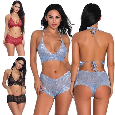 女士性感蕾丝内衣文胸和内裤套装 2 件套娃娃内衣睡衣 — 第 1/4 张图片
