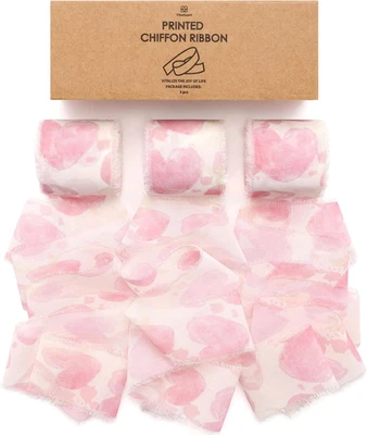 Pink Chiffon Ribbon Silk Like 1 1/2 Inch Printed Frayed Ribbon for Valentines Da - Image 1 of 4