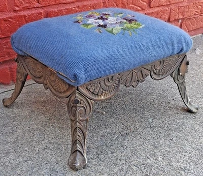 Antique Vintage Victorian Steel Metal Kneeling Bench Stool Ottoman Floral Fabric - Image 1 of 4