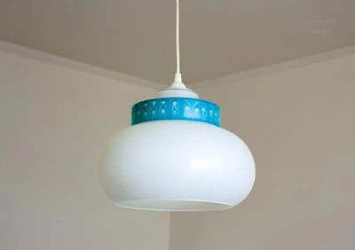 Opaline Glass Pendant Light Blue Teal Band French Vintage Mid Century Fixture - Image 1 of 4