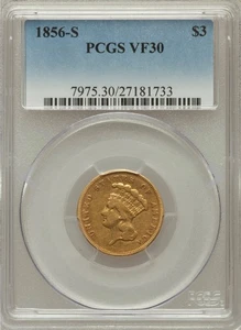 1856-S $3 Three Dollar Gold PCGS VF30 San Francisco Mint *RARE* WOW!! - Picture 1 of 2