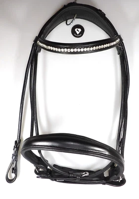 Trense Leder schwarz rundgenäht klarer Strass weich unterlegt WB NEU + Zügel - Bild 1 von 4